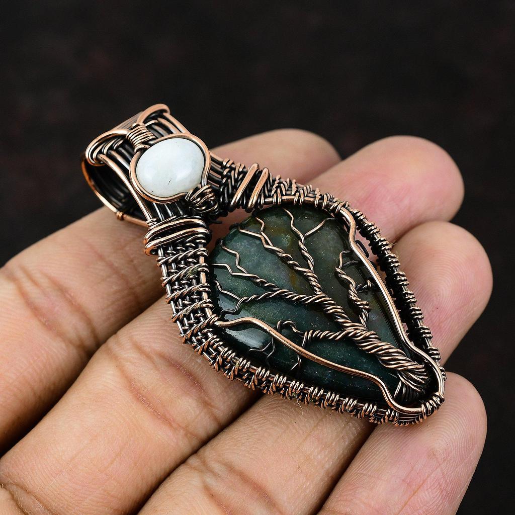 Древо жизни, драгоценный камень, кровавый камень, подвеска из медной проволоки, ювелирное изделие ручной работы, кулон из радужного лунного камня, подарок для нее, старинные ювелирные изделия