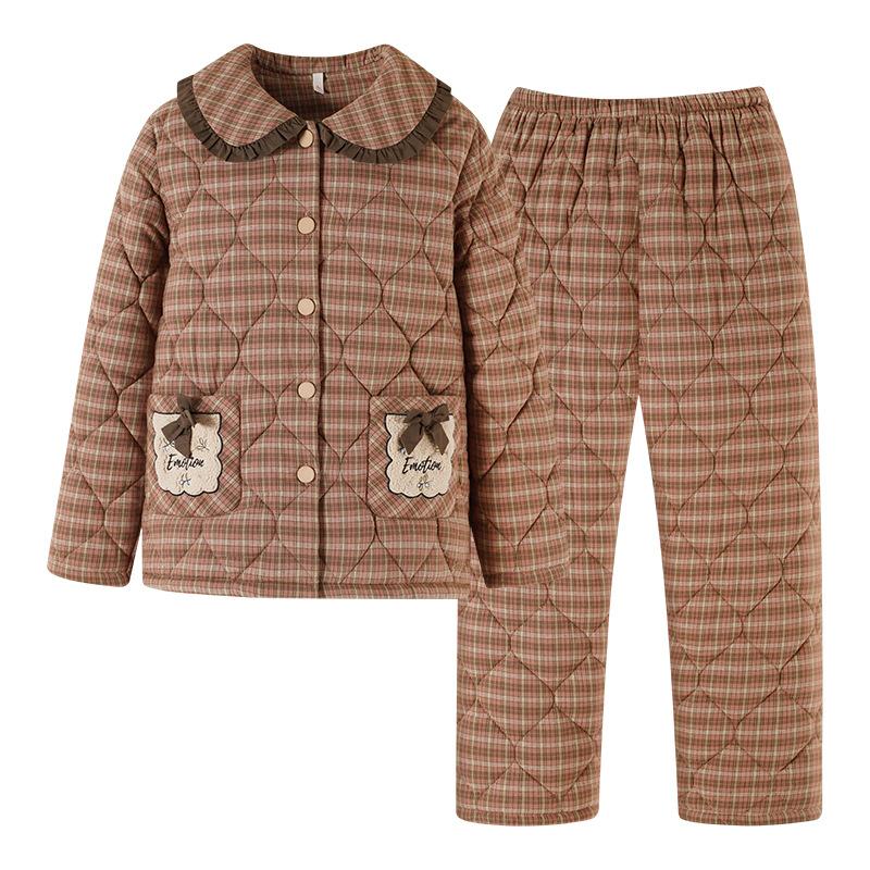 Пижама женская зимняя трехслойная тканая из чистого хлопка с подкладкой, утолщенная стеганая куртка, домашняя одежда, теплый и бархатистый костюм для мамы среднего возраста