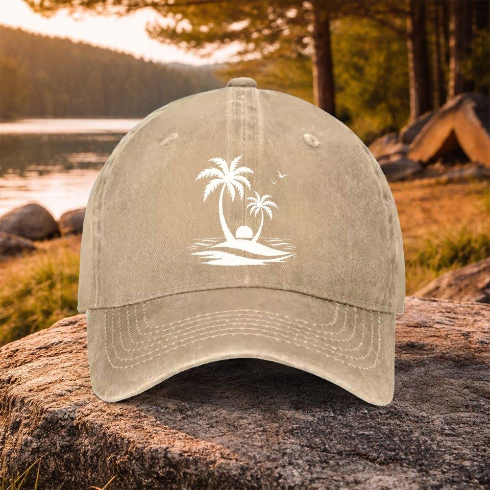 Coconut Tree Island Print Washed Baseball Cap Unisex Duckbill Cap for Golf Casual Outdoor Daily Wear