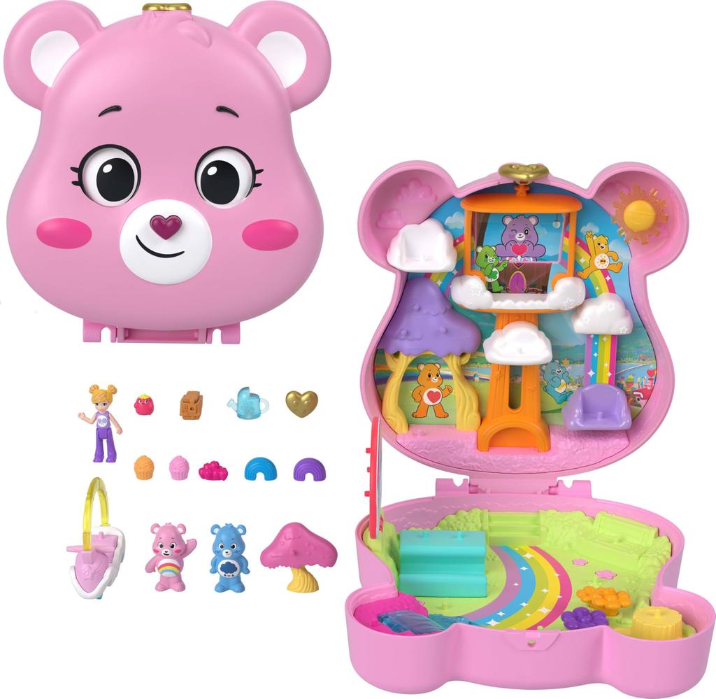 Игровой набор Polly Pocket x Care Bears с куклой, игрушечным транспортным средством и тематическими дорожным и партнерским компактами и аксессуарами, игрушка,