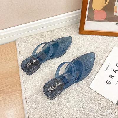 Модные желейные сандалии для женщин, квадратный каблук, лето 2024, средний, открытый носок, пляжная женская обувь, тренд, распродажа, оригинал, Корея, в наличии