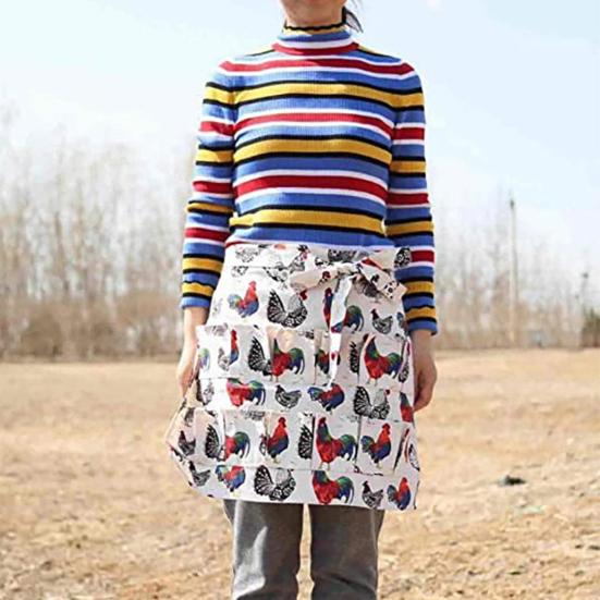 Canvas Apron with Multi-Pockets Egg Gathering Apron for Farm Home Adjustable Waist Fun Rooster Print Utility Apron for Gardening Cooking