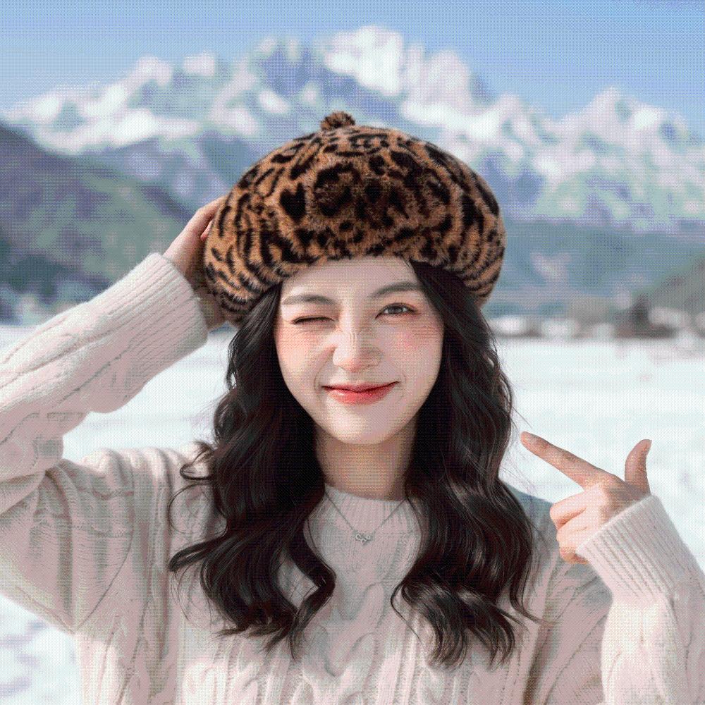 Soft Leopard Print Hat Thickened Pumpkin Painter Cap Winter Warm Bonnet Plush Octagonal Cap Gifts