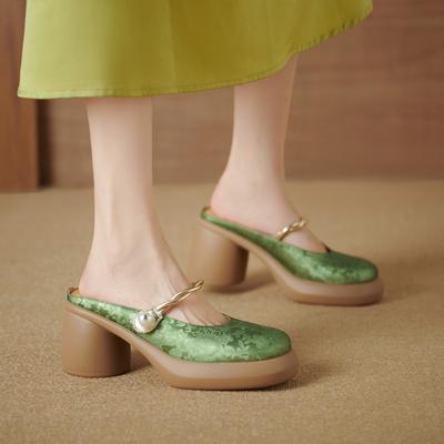 Женские тапочки 2024 Весна и осень сезон Новые популярные уличные модные ретро этнические женские тапочки на каблуке слипоны