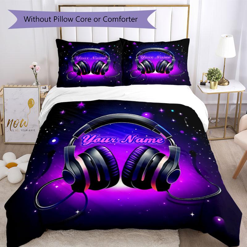 3pcs Custom Name Music Headphones Night Theme Bedding Set Printed Bedding Set Duvet Cover Closure Includes 1 Duvet Cover & 2 Pillowcases Bedroom Decor