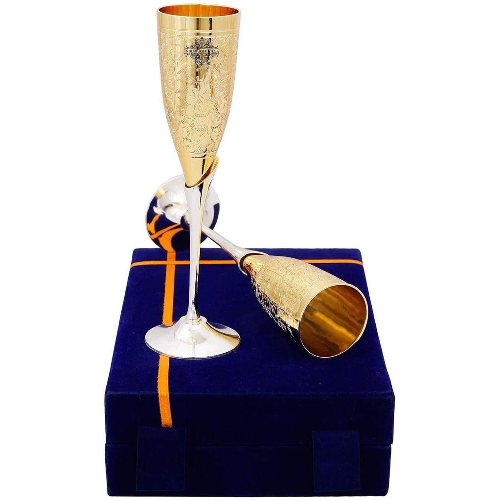 Набор из 2 посеребренных бокалов для шампанского из латуни с золотой полировкой и в синей коробке, лучший для вечеринок, вместимость - 200 мл