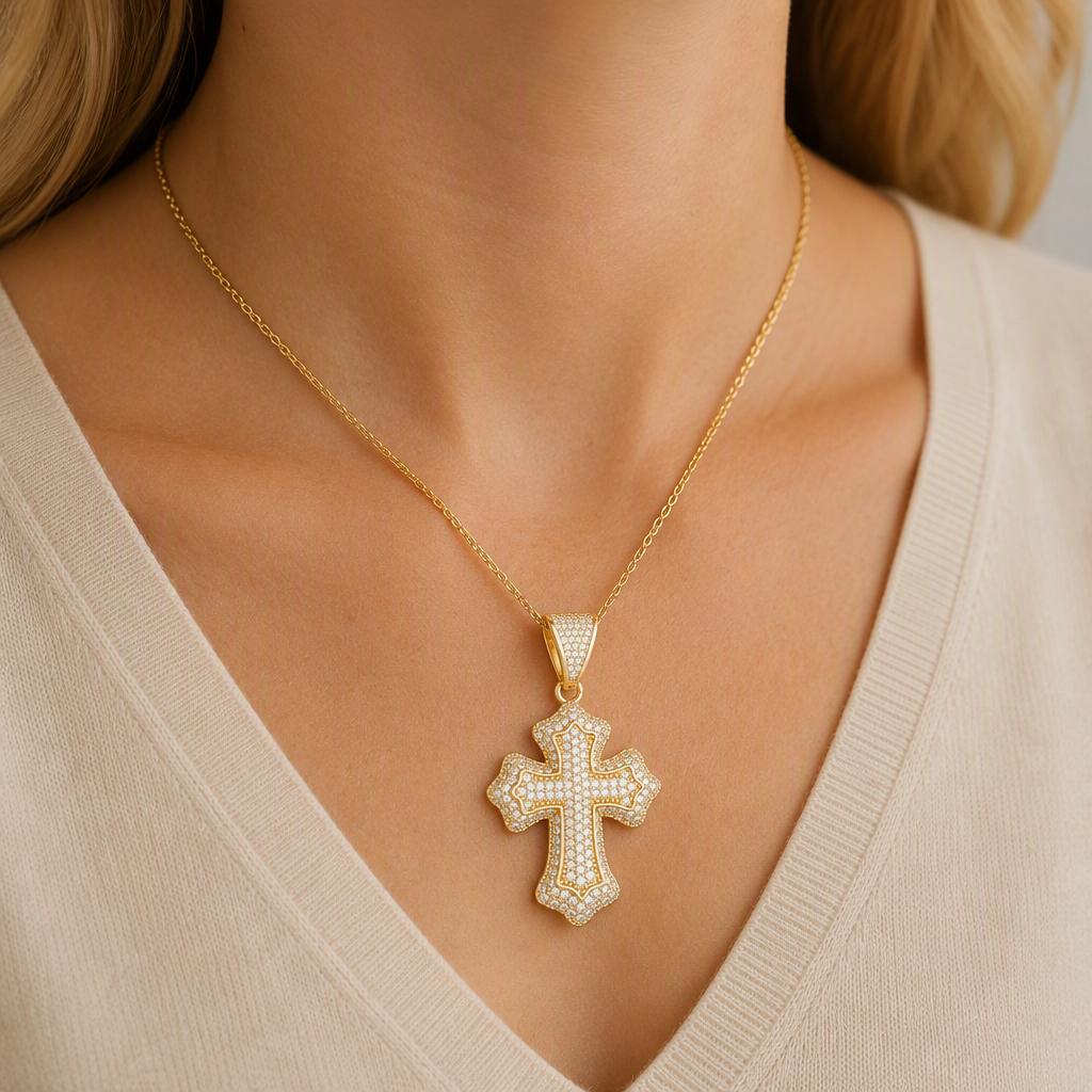 Iced Out Men's Christian Engagement Brass Jewelry 14K Gold Plated Micro Paved CZ Pendant Hip Hop Cross Necklace and Pendant