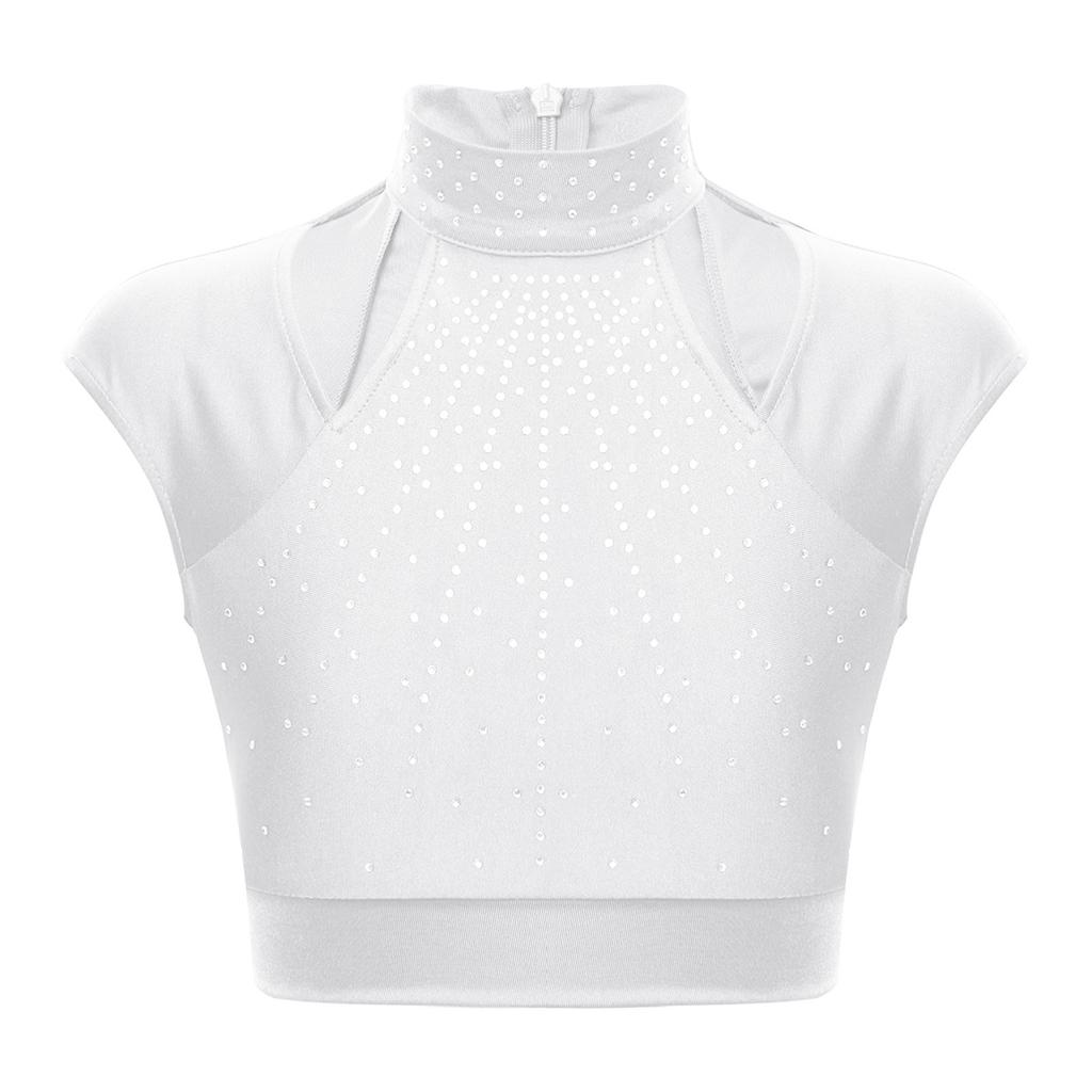 Girls Sleeveless Crop Top Shiny Rhinestones Cutout Design for Figure Skating Dance Gymnastics Performance Wear