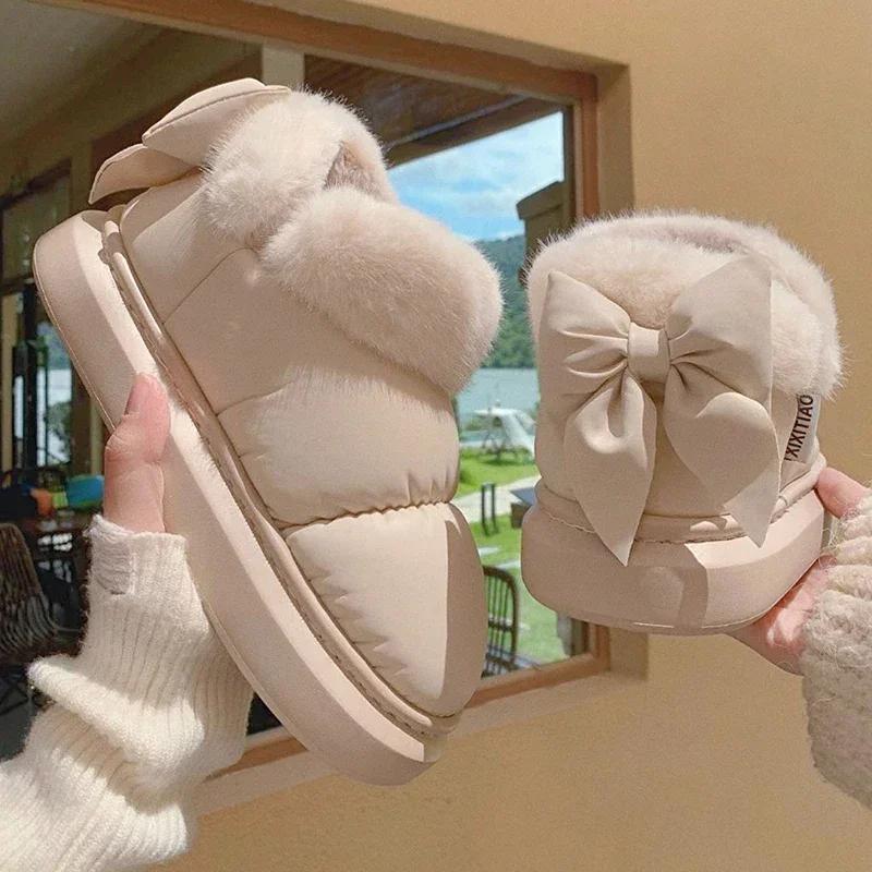 Модные женские зимние сапоги, зимние теплые толстые ботильоны, нескользящие меховые хлопковые туфли с бантом, удобные водонепроницаемые плюшевые сапоги