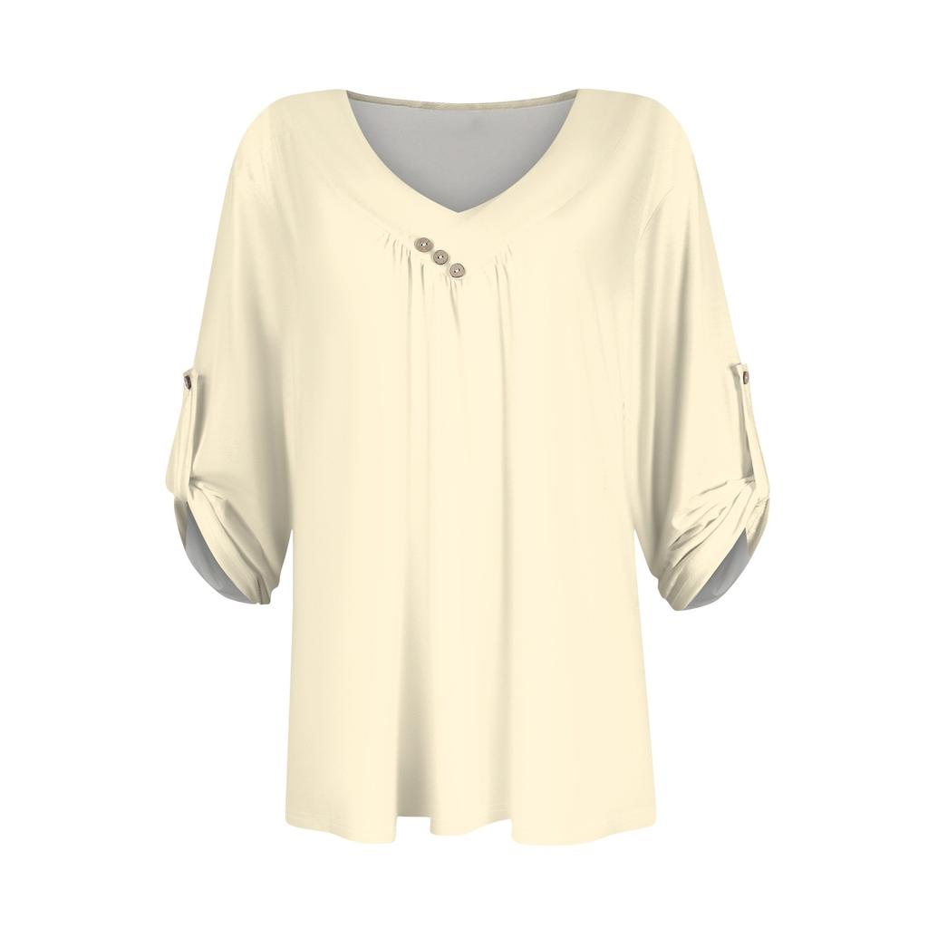Shirts For Women Trendy V Neck Button T Shirts Casual Solid Color Summer Tees T Shirt Blouse Three Quarter Sleeve Tops For Women