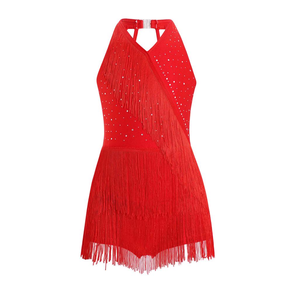 Girls Latin Dance Costume Glittery Rhinestones Fringe Leotard Halter Neck Sleeveless Strappy Back Tassel Jumpsuit
