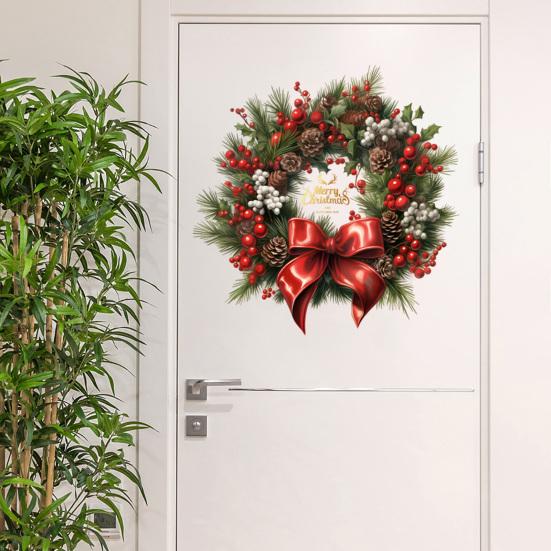 Рождественский венок наклейки на окно для стены, окна, двери, большие съемные ПВХ наклейки с шишками, ягодами для праздничного декора