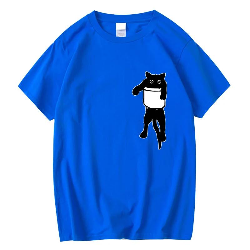 Мужская высококачественная футболка 100% хлопок, забавный принт с изображением кота на кармане, летняя свободная крутая футболка с круглым вырезом для мужчин, короткие рукава, мужские футболки