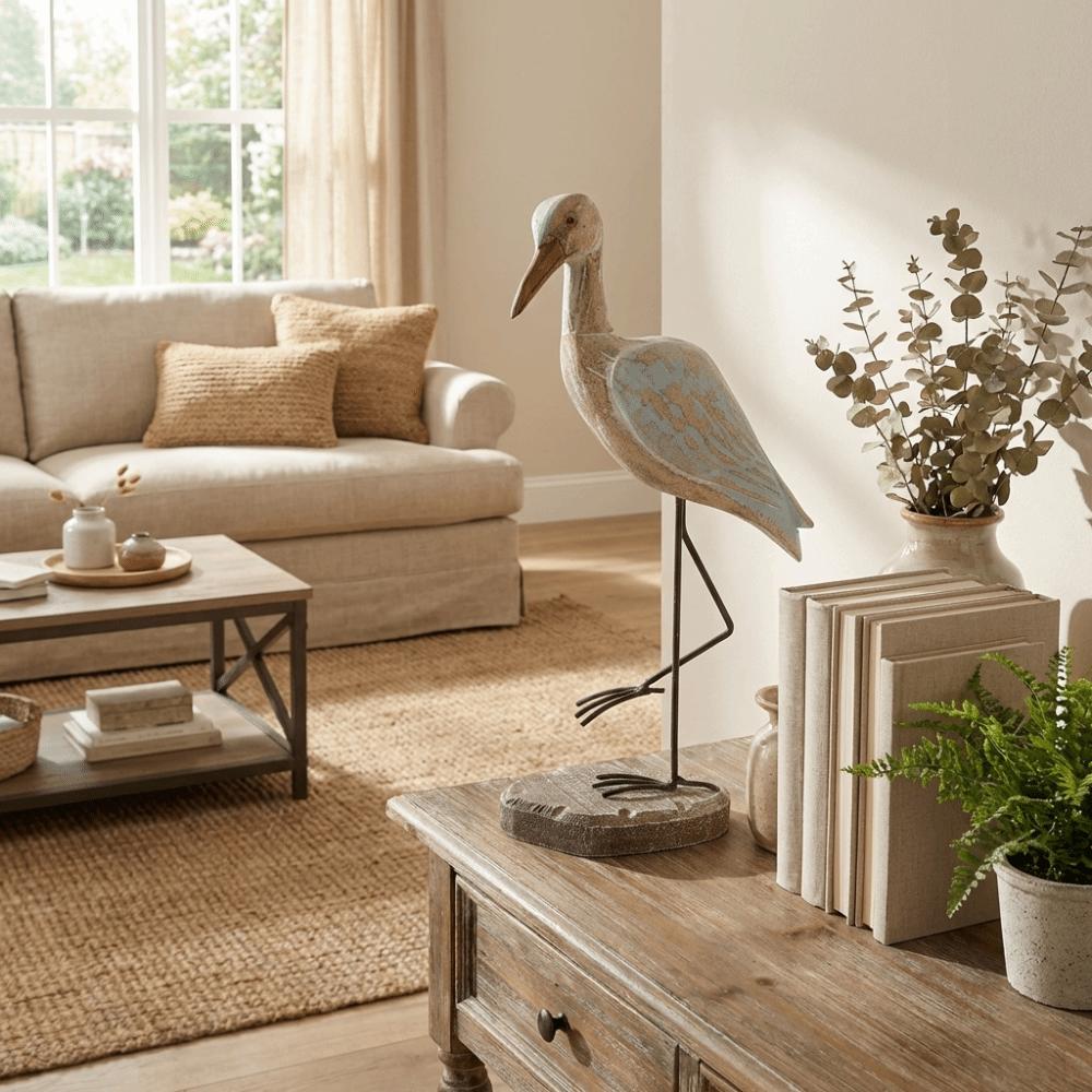 Handcrafted Long-legged Bird Ornament Vintage Wooden Carving Statue  Table Centerpiece