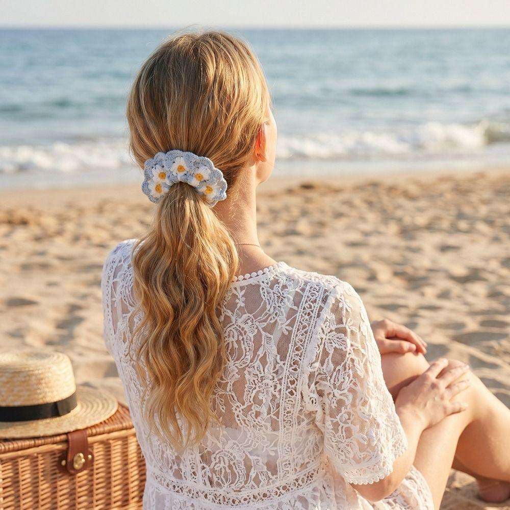 Bohemian Style Knitted Hair Rope Flores Ponytail Hair Band Crocheted Flower Scrunchies Women