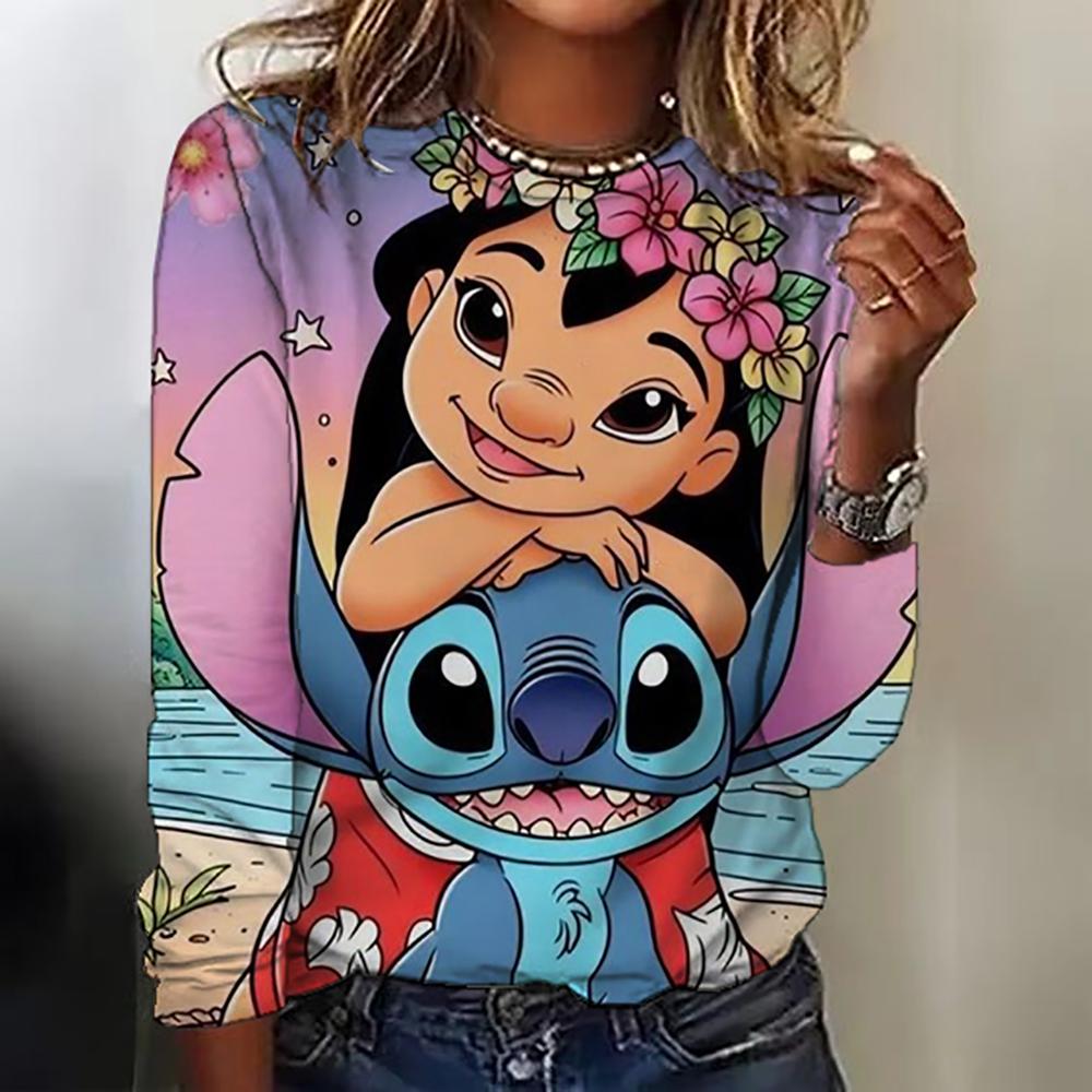 Новая женская футболка с круглым вырезом, топ с длинным рукавом, принт Disney Christmas Stitch, модная и трендовая женская футболка топ для аут