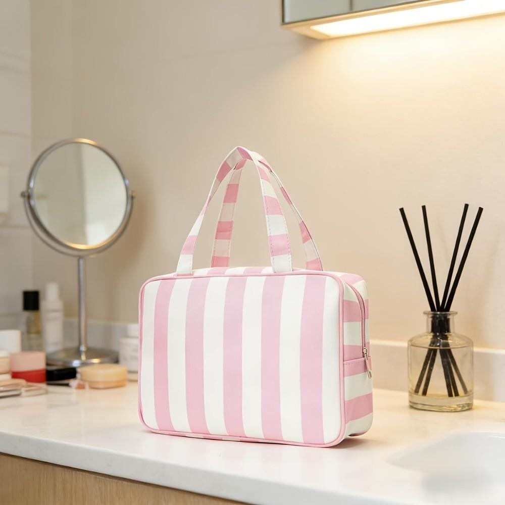 Large Capacity Striped Toiletry Storage Bag Multi Compartment Cosmetic Pouch Weekend Getaway