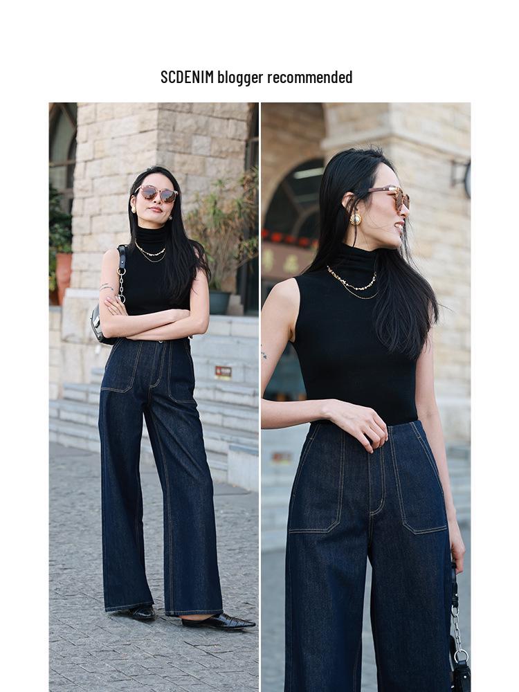 Designer High-Waisted Wide-Leg Jeans for Women - Trendy Spring Floor-Length Denim Pants