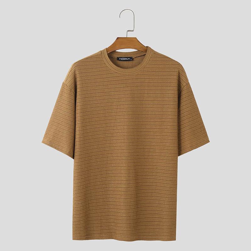 INCERUN Мужские топы с короткими рукавами и круглым вырезом, однотонные текстурированные футболки