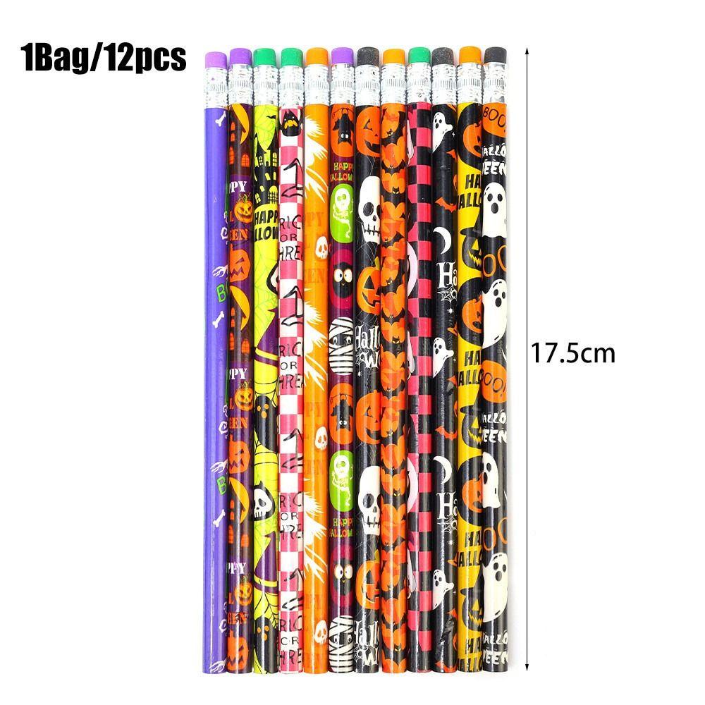 12 шт. канцелярских подарочных карандашей на Хэллоуин с ластиками для письма, ручка для студента, милый деревянный карандаш