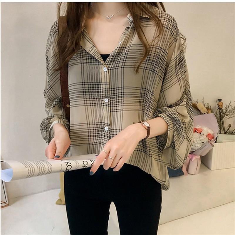 Женская мода повседневная весна осень клетчатый принт длинный рукав воротник поло блузки и рубашки