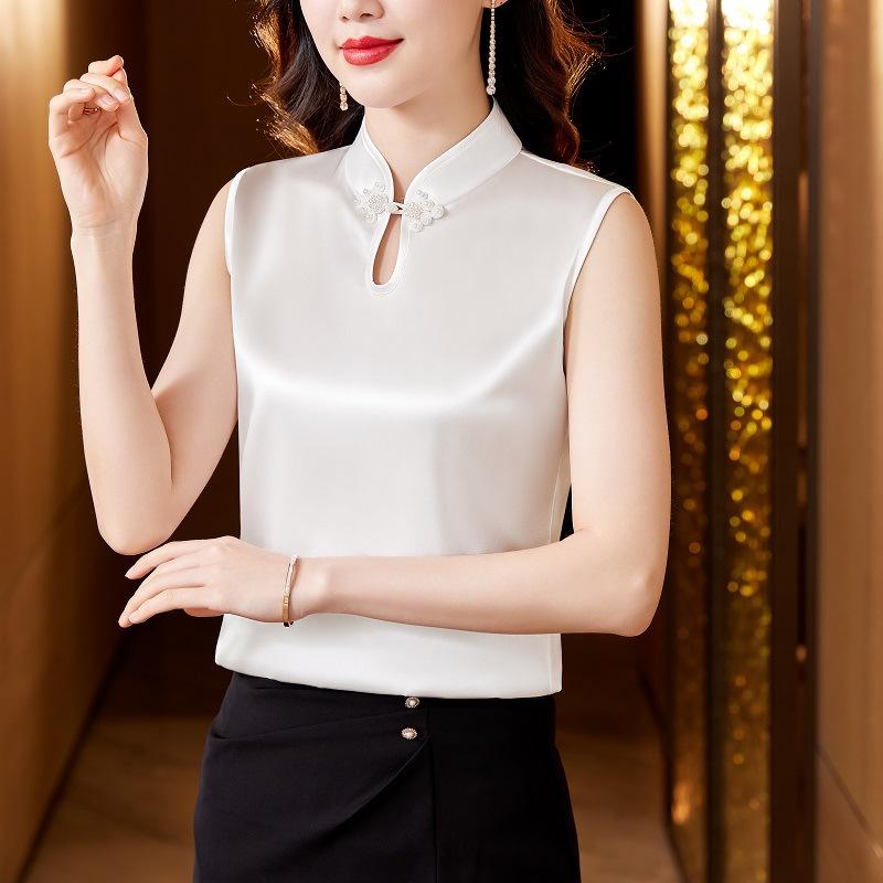 Жилет с воротником-стойкой для женщин, внутренние топы на лето, новый китайский стиль, пряжки в китайском стиле снаружи с атласными лямками