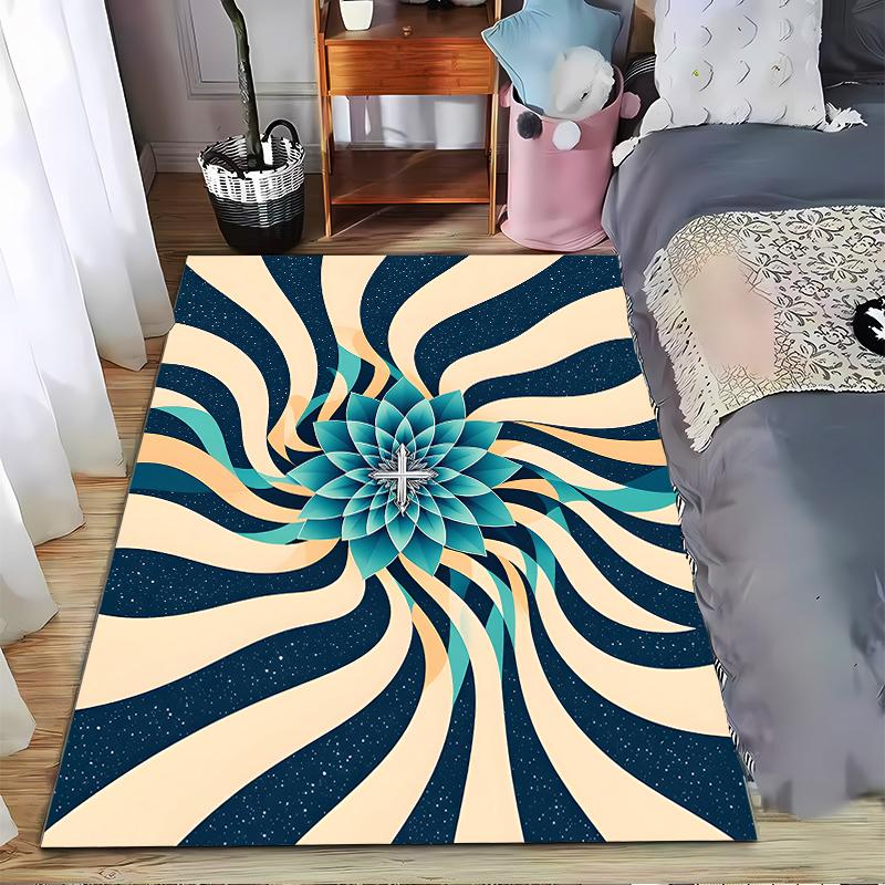 Abstract Blue Flower Pattern Carpet with Swirl Design, Modern Style Suitable for use as an anti-slip for living room bedroom sofas