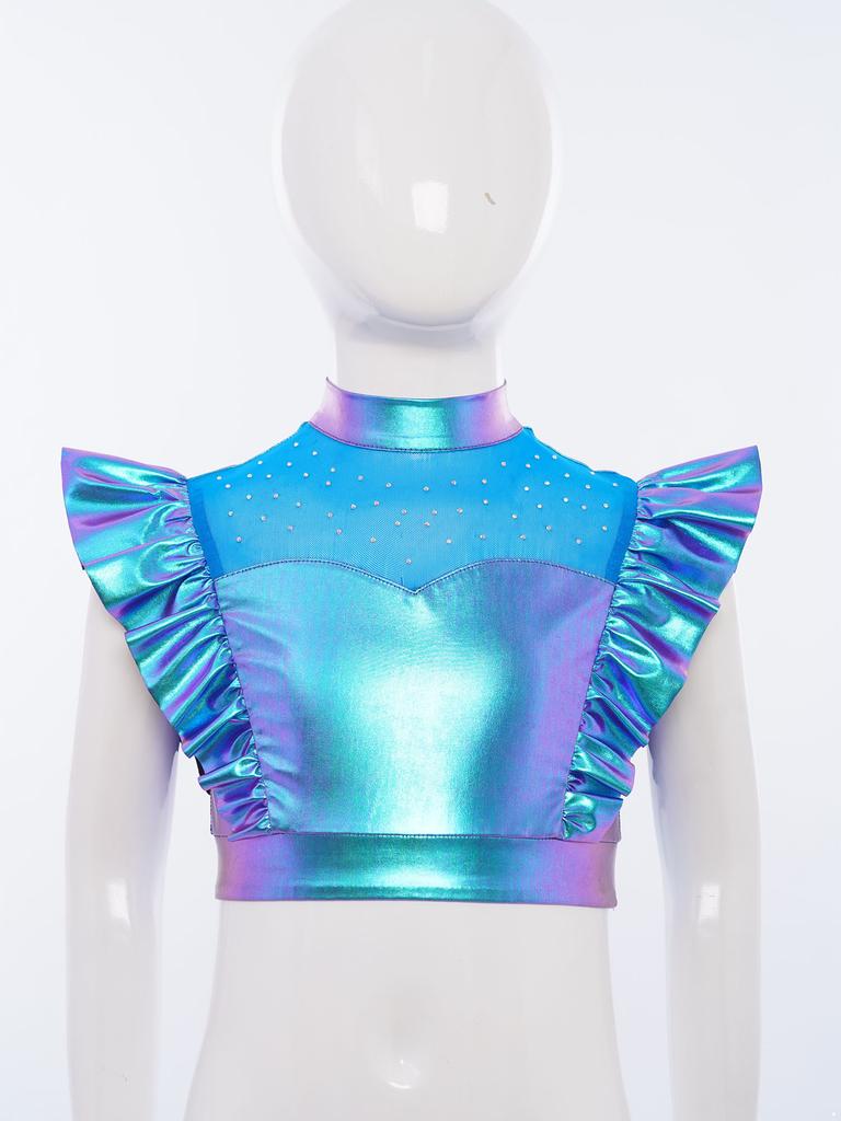 Kids Girls Metallic Tank Tops Mock Neck Mesh Patchwork Rhinestone Adorned Sleeveless Shiny Ruffle Crop Tops with Press Buttons Keyhole Back Dance Shir