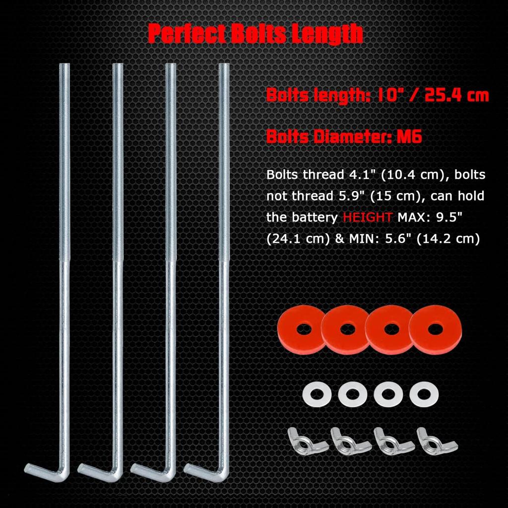 Ampper Battery Hold Down Clamp, Stainless Steel J Hook Battery Hold Down Bracket Bolts (2 Sets, Bolt Length 10 in)