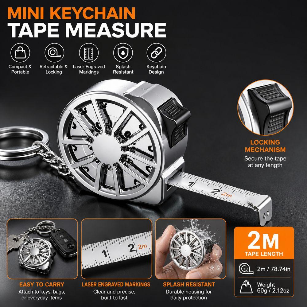 Laser Engraved Markings Keychain Tape Measure 2M Stainless Steel Tape  Hardware Accessories
