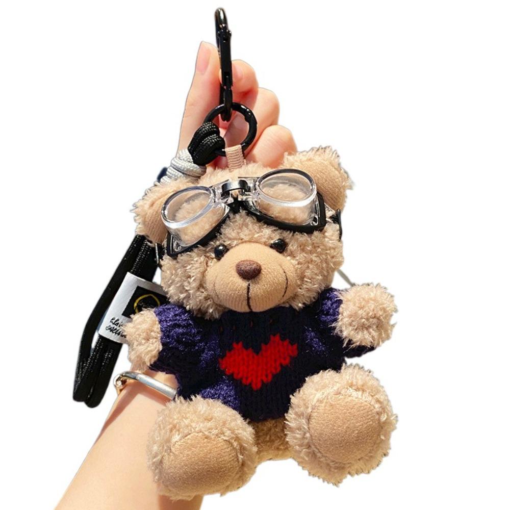 Pearl Plush Bear Key Ring Goggles Stuffed Animal Pendant Kawaii Pilot Bear Keychain Men