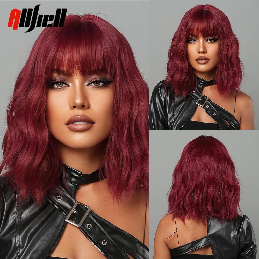 Bob Wavy Synthetic Wigs With Bangs for Women Blonde Ombre Medium Length Water Wave Wig Heat Resistant Fiber Hair Party Cosplay