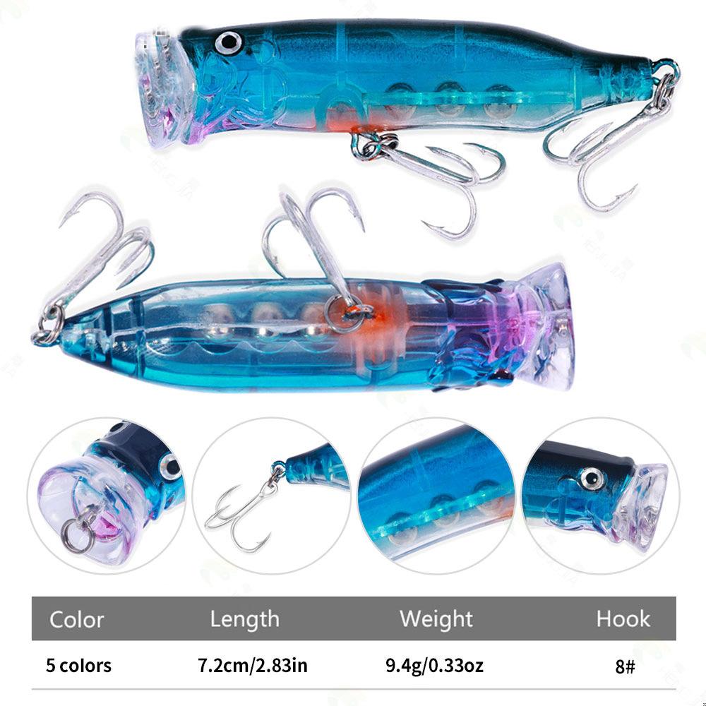 1pc Popper Fishing Lure 7.2cm/9.4g Hard Bait Artificial Topwater Bass Trout Pike Wobbler Fishing Tackle With 2 Treble Hooks