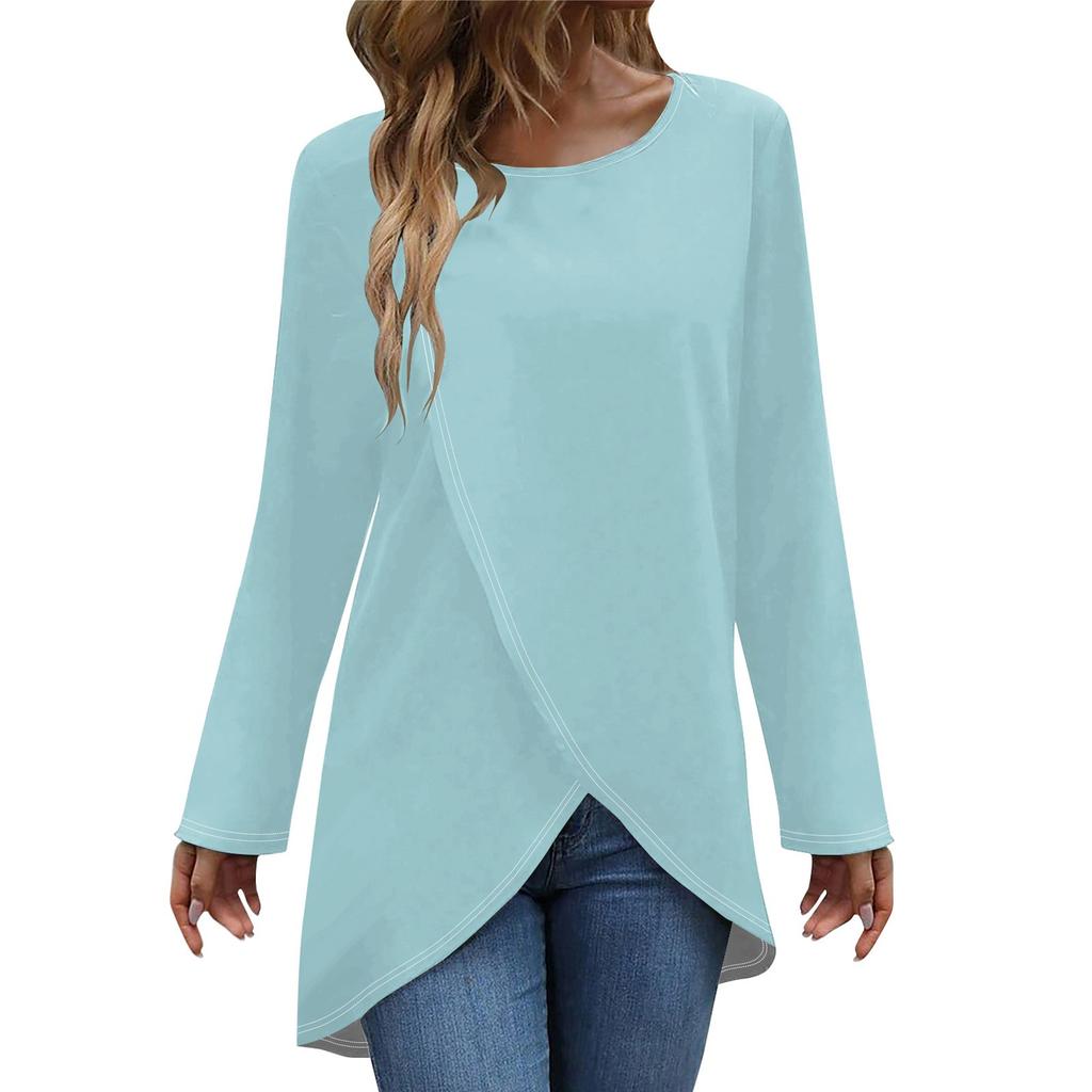 Женская модная повседневная однотонная футболка с длинным рукавом и круглым вырезом с перекрестным подолом, топ