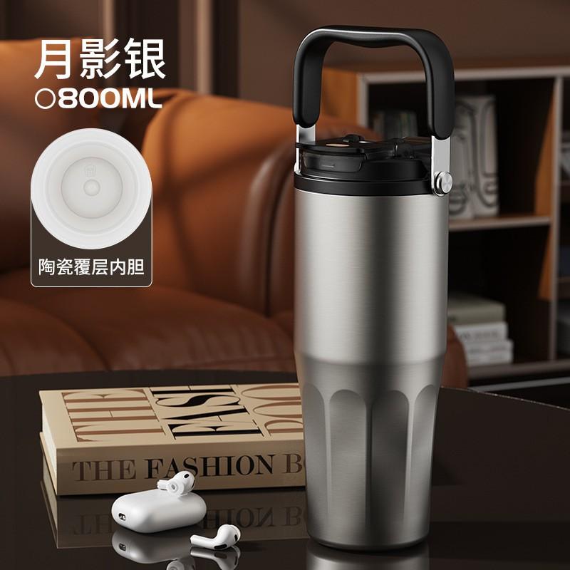 800ml Vacuum Insulated Ceramic Lined Stainless Steel Travel Mug With Dual Lid Handle Outdoor Car Use