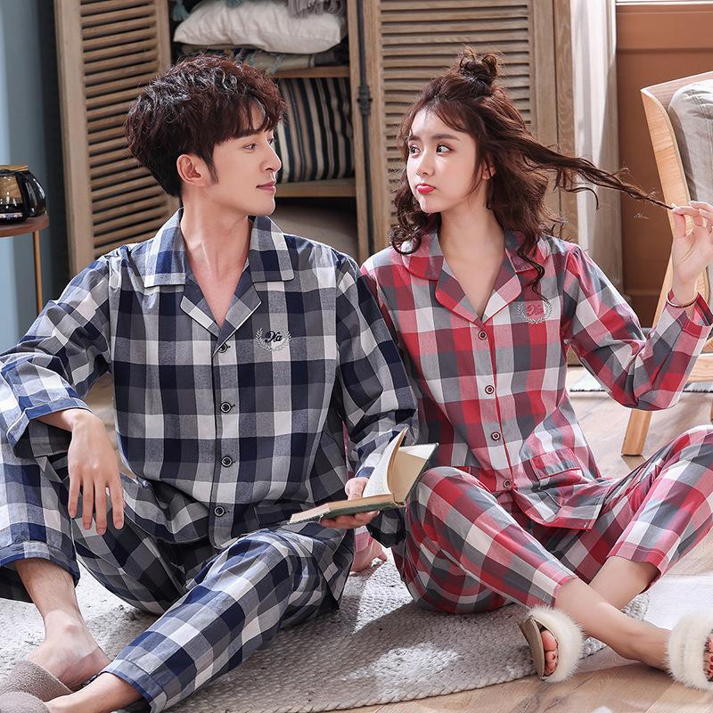 Comfortable Cotton Long Sleeve Couple Pajamas Set for All Seasons