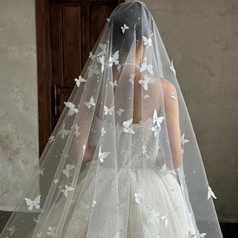 1шт длинный шлейф тяжелый жемчуг невеста роскошный свадебный головной убор свадебная фата 3D вышивка бабочка фата очень длинная
