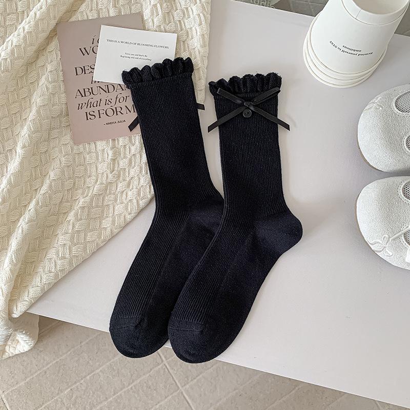 Женские весенне-осенние милые носки с лентами-бантами, пуговицами и кружевом в балетном стиле
