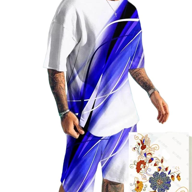 Asian Size Europe and the United States New 3D Digital Printed Men's Casual Fashion Sports Men Short Sleeve Up and Down Two Sets