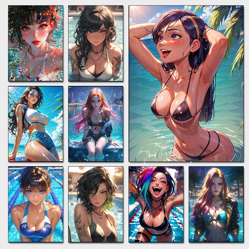 Fashion Sexy Girl in Pool Posters Anime Cartoon Japanese Style Prints Canvas Painting Wall Art Pictures Home Living Room Decor