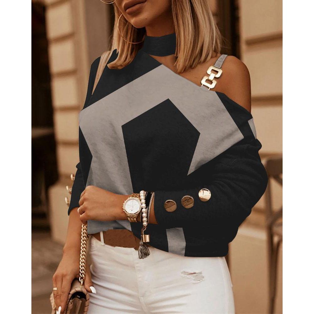 Осень и зима с длинными рукавами, цепочка, висящая на шее, свободный принт, сексуальное украшение на пуговицах, повседневный женский топ