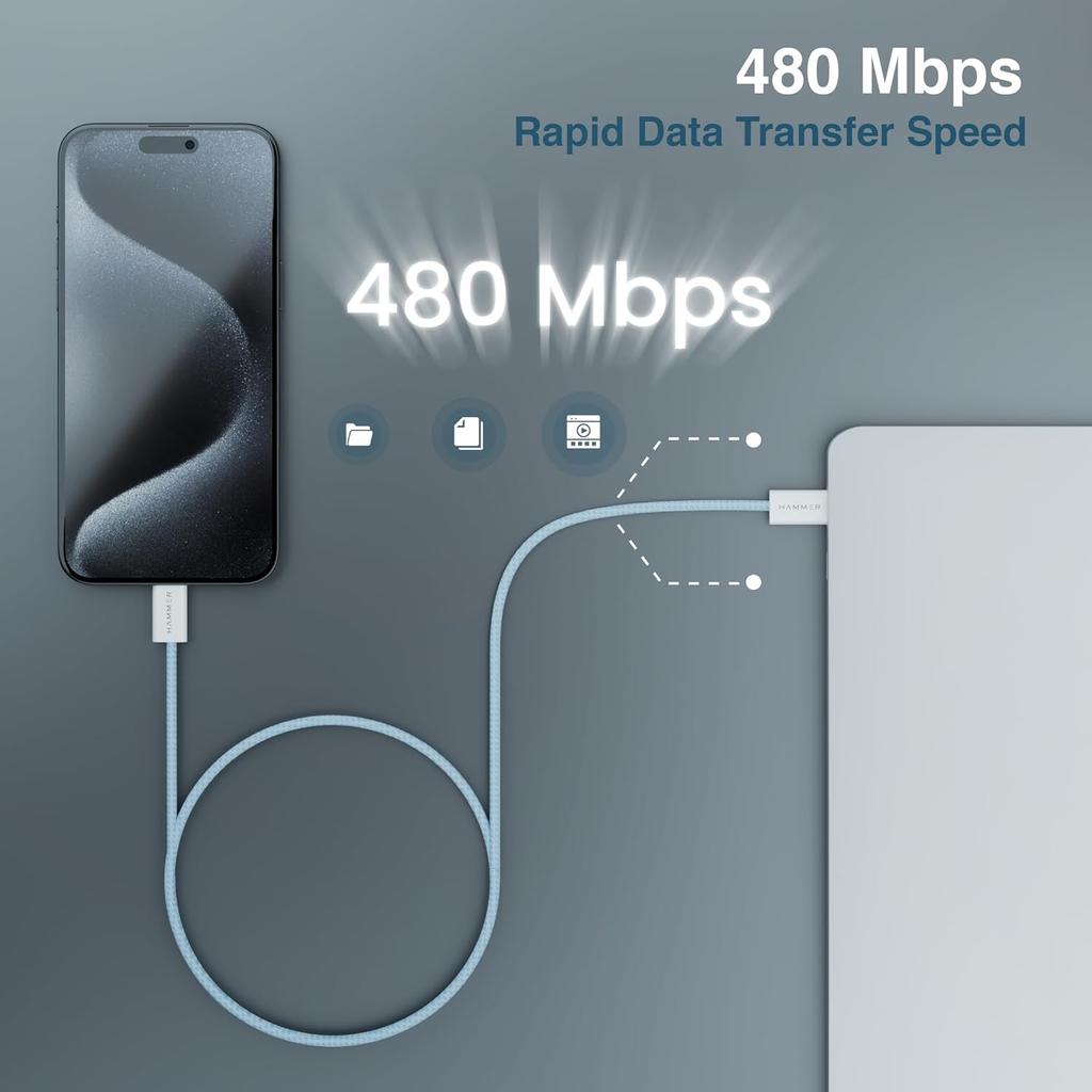 Кабель HAMMER Type C - Type C, 65 Вт, плетеный, быстрая зарядка PD, синхронизация данных, неспутывающийся провод длиной 1,5 метра, совместим со всеми устройствами с поддержкой C-Type (синий)