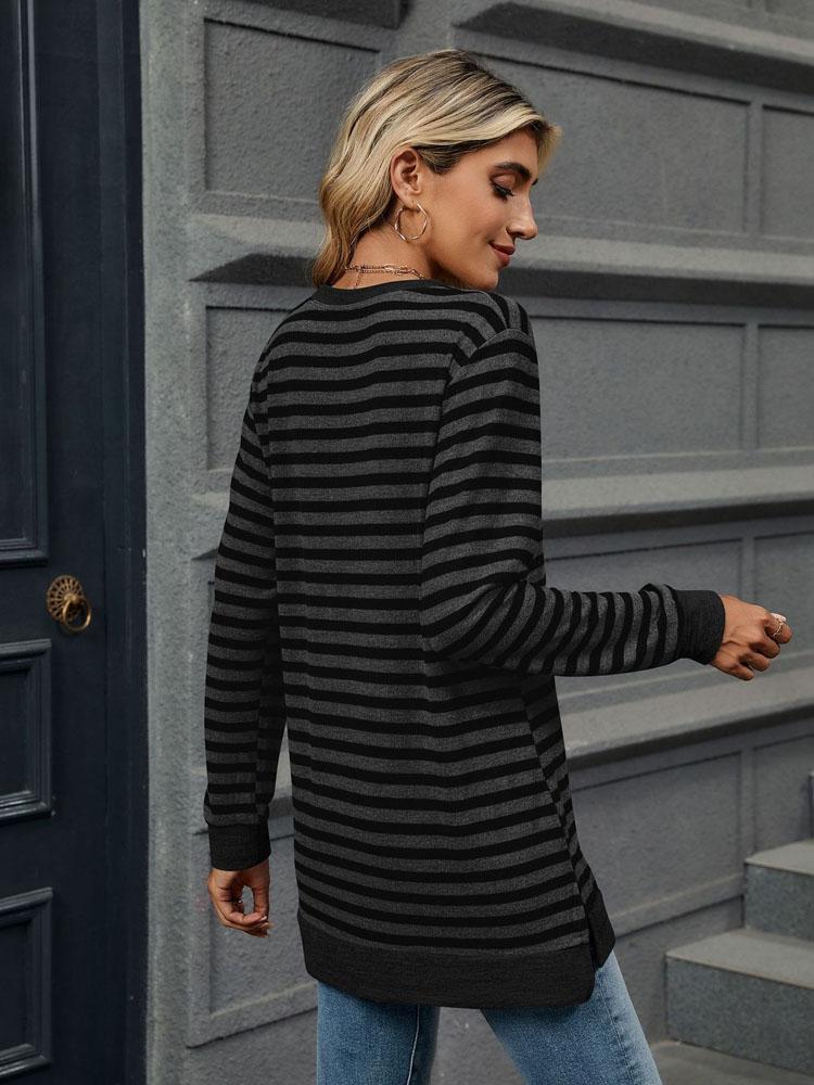 Элегантная и модная осенне-зимняя удобная однотонная полосатая футболка с круглым вырезом и длинными рукавами, повседневная футболка, свитер, толстовка с капюшоном