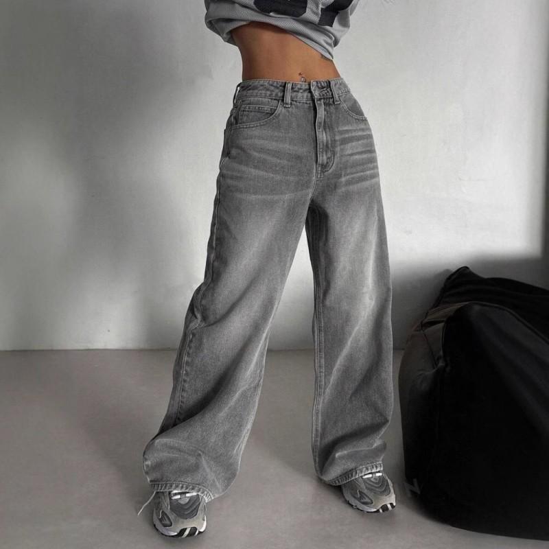 High-Waisted Wide-Leg Denim Jeans Women Fall Streetwear Loose Fit Straight Cut Gray Cotton Blend