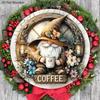 Christmas Hot Cocoa Wooden Sign with Coffee Theme - Warm Winter Navidad Round Sign with Gnome Pattern - Ideal for Front Door, Wall Decor
