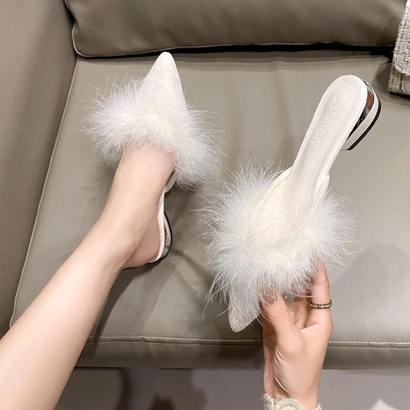 2024 Новые модные универсальные женские тапочки с острым носком на низком каблуке Летние женские тапочки Baotou однотонные Zapatos Mujer