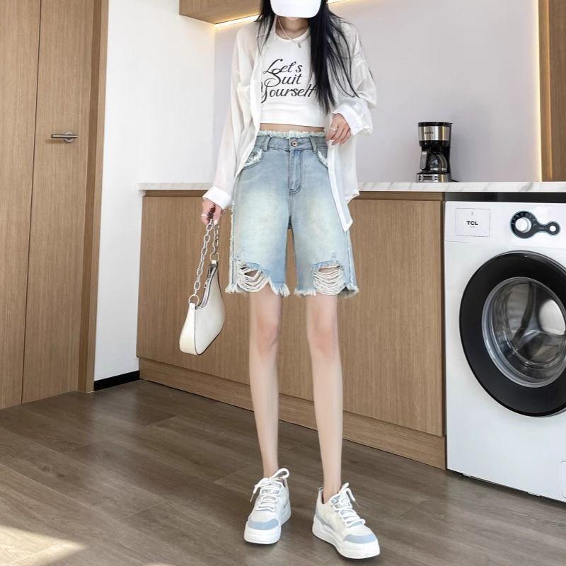 Women's 2026 High-Waist Light Blue Raw Hem Denim Shorts - Ripped, Wide-Leg, Mid-Length