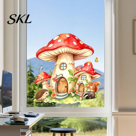 Decorative PVC Window Clings for Home Watercolor Forest Fairy Static Cling, Mushroom Elf Cottage Glass Decal Versatile Party Decoration Decals