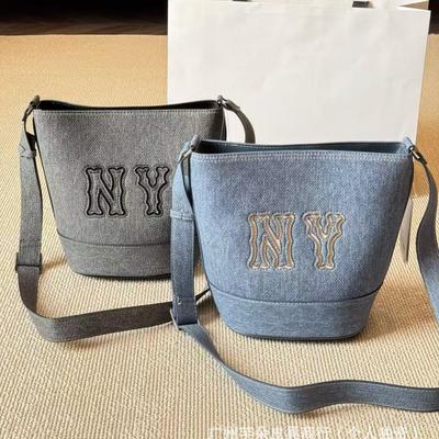 MLB25 Корейская джинсовая сумка-ведро в стиле пэчворк с регулируемым плечевым ремнем для мужчин и женщин