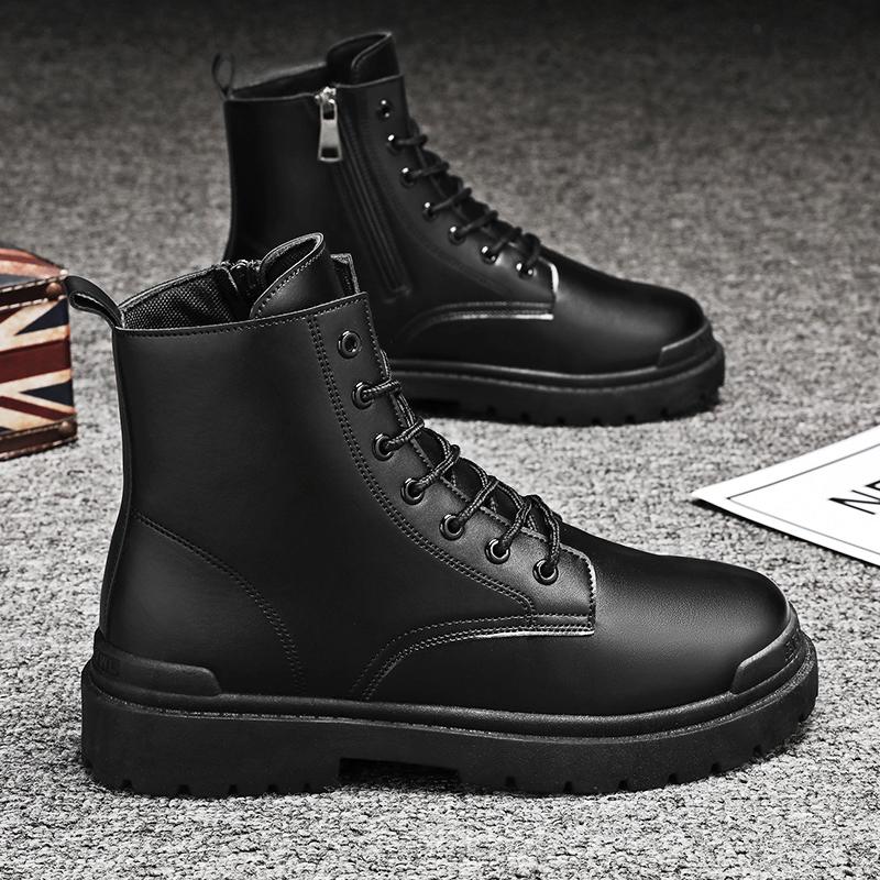Fashion Black Men Leather Boots Winter Warm Mens Ankle Boots Outdoor High Top Casual Shoes with Fur Lace-Up Leisure Work Boots